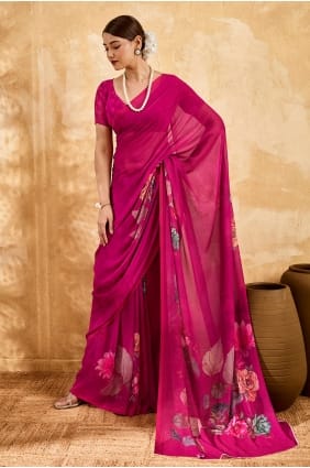 Sari rose en georgette imprimée avec chemisier assorti SR29963