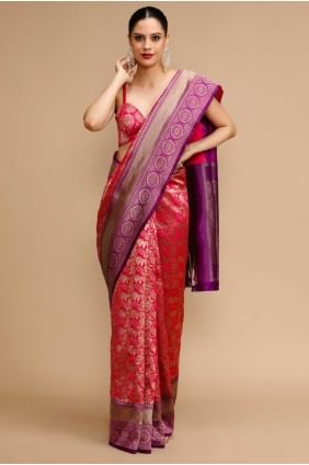 Sari en soie tissée rose SR28738