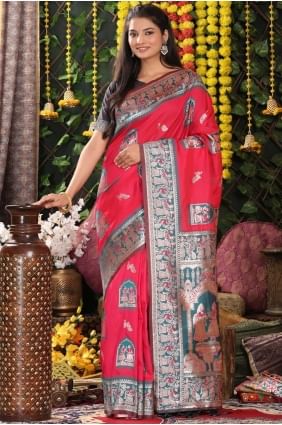 Sari en soie rose avec tissage SR28889