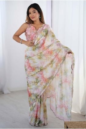Sari rose avec mousseline à imprimé numérique SR28495