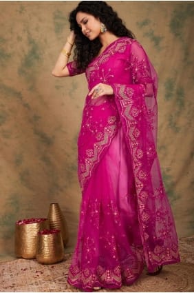 Sari rose avec filet brodé SR29280