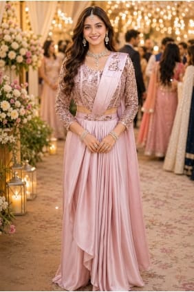 Sari rose en satin brodé avec chemisier assorti SR30148