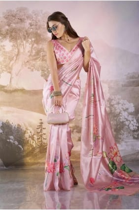 Sari rose avec dentelle imprimée en georgette SR28157