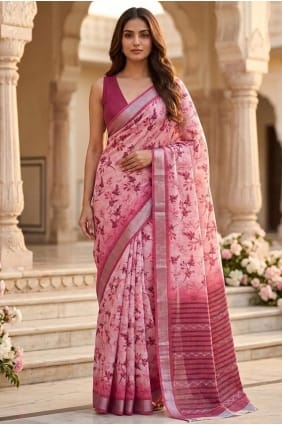 Sari imprimé en lin rose SR30180