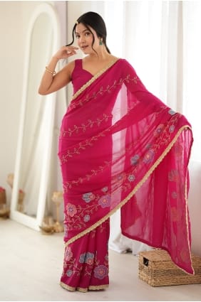 Sari en georgette rose avec fil SR30256