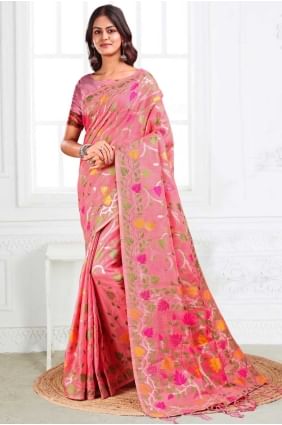 Saree en lin rose avec tissage SR28671