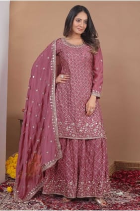 Ensemble palazzo rose en mousseline à sequins avec dupatta PZ4430