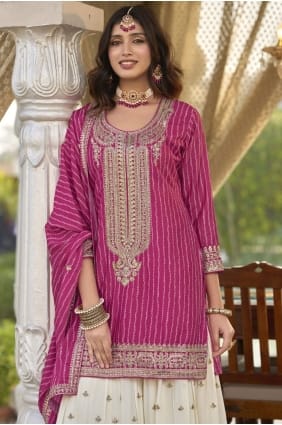 Ensemble Sharara rose en mousseline brodée SS1284