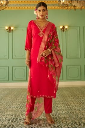 Salwar Kameez rose en soie brodée avec dupatta SK156082