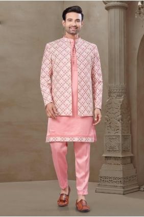 Pyjama kurta en soie rose imprimé pour homme avec gilet et dupatta KURR515