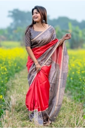 Sari imprimé rose en soie Tussar SR29690