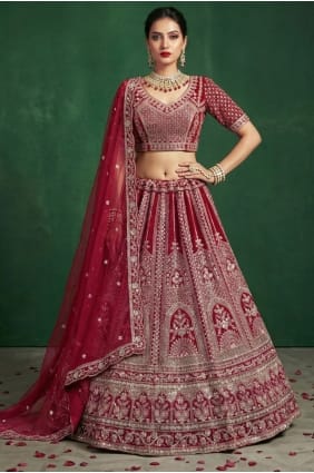 Lehenga Choli de mariée rose-rouge à sequins en satin avec dupatta LC8912