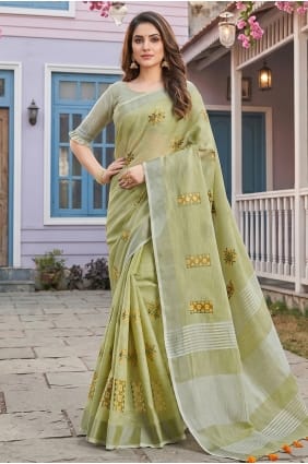 Sari en lin vert pistache orné de broderies SR29945