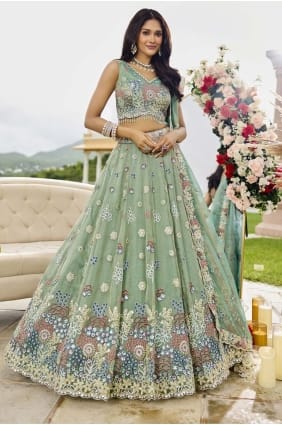 Lehenga Choli en satin brodé couleur pistache avec dupatta LC8750