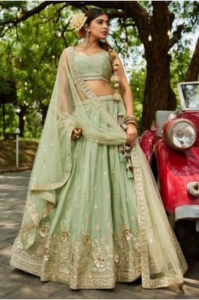 Lehenga choli de mariage Pista avec mousseline brodée LC8495