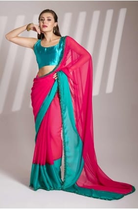 Saris en mousseline de soie uni en rose SR281342