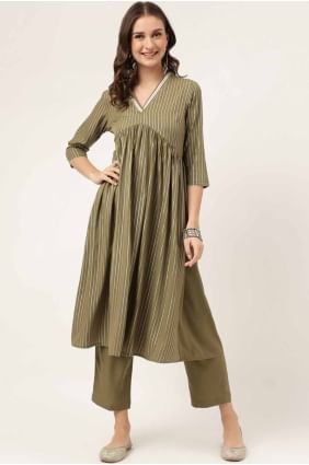plain crepe kurti in olive green with dupatta KTI2647