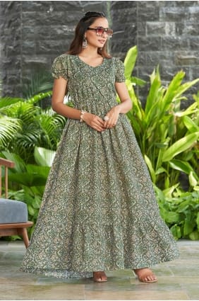 Robe longue imprimée verte en polycoton GW1326