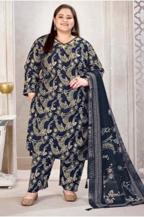 Salwar Kameez en viscose imprim e bleu marine SK15621
