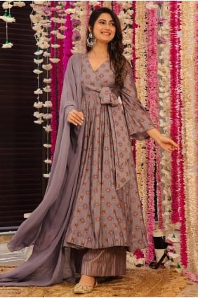 Salwar Kameez en mousseline mauve imprimée AS4312