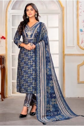 Chanderi Salwar Kameez imprimé bleu marine SK156137