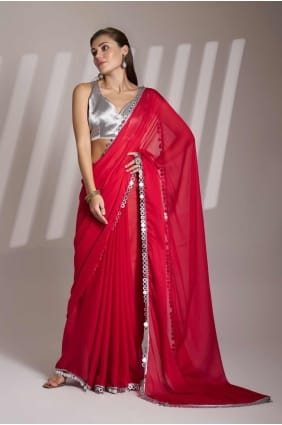 sari en satin rouge avec imprimé SR28126