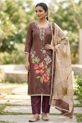 Salwar Kameez en coton marron imprimé SK159076