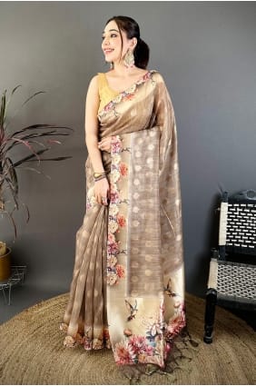 Sari marron en coton imprimé SR30060