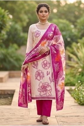 Salwar Kameez en coton blanc cassé imprimé SK15884