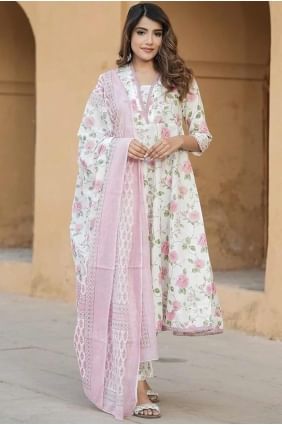 Tailleur pantalon droit rose en coton imprimé avec dupatta SK155387