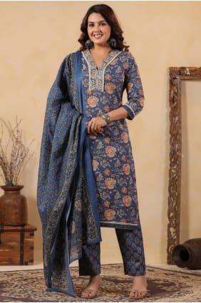 Salwar Kameez bleu en coton imprimé SK156038