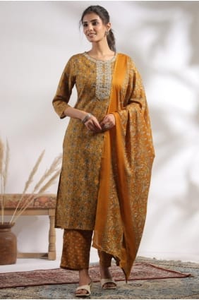 Salwar Kameez en coton imprimé moutarde avec dupatta SK156048