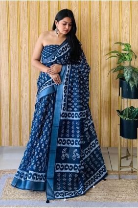 sari en coton imprimé bleu SR28103