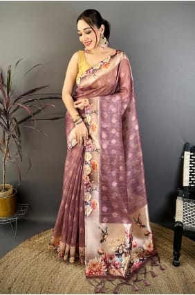 Sari mauve en coton imprimé SR30064