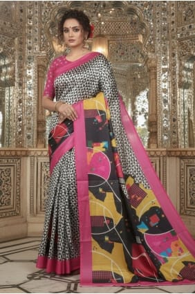 Sari en crêpe imprimé rose SR29808