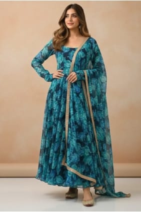 Robe longue imprimée bleue en georgette GW1211