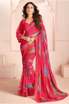 sari en georgette imprimé rose avec chemisier SR28404