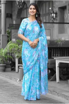 sari en georgette imprimé vert d'eau SR28324