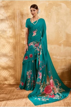 Sari en georgette imprimée vert d'eau SR29959