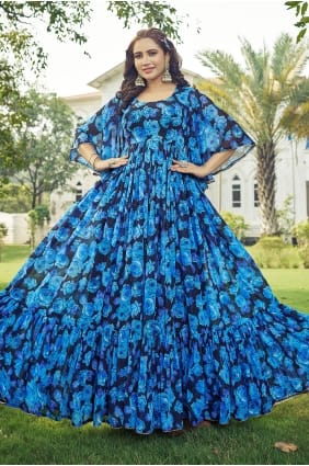 Robe longue bleue et noire en georgette imprimée GW1321
