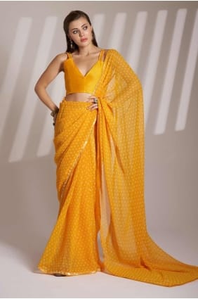 Sari en lin moutarde imprimé en dentelle avec chemisier SR28159