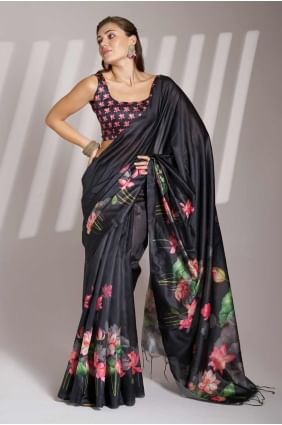 sari en lin et dentelle imprimé noir SR28160