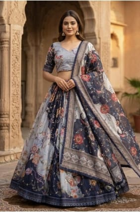 Lehenga Choli en soie bleue imprimée LC9128