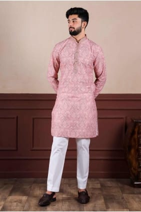 printed men kurta in pink cotton blend KURR494