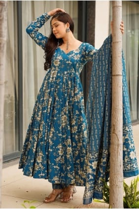 Salwar Kameez en mousseline imprimée bleue avec dupatta AS4311