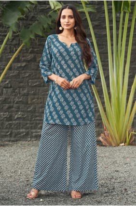Ensemble palazzo bleu imprimé en polycoton avec dupatta PZ4512