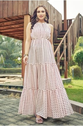 Robe longue en polycoton imprimée blanc cassé GW1323