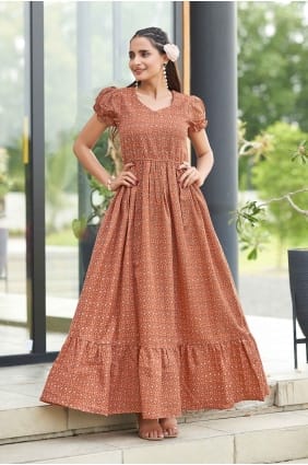 Robe longue imprimée en polycoton rouille avec dupatta GW1330