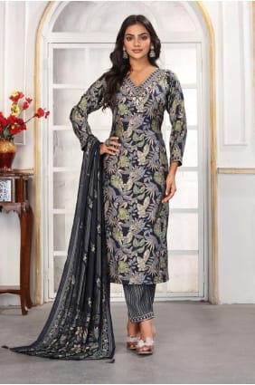 Salwar Kameez noir en rayonne imprimé SK155906