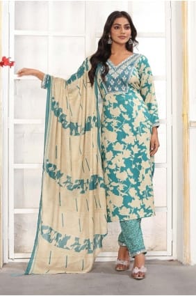 Salwar Kameez imprimé en rayonne vert d'eau avec dupatta SK155908